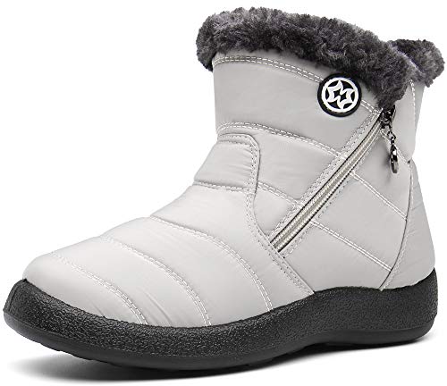 Gaatpot Zapatos Invierno Mujer Botas de Nieve Forradas Zapatillas Botines Planas con Cremallera Beige 42