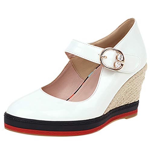 Garggi Tacón De Cuña Plataforma Alpargatas Mujer Correa De Tobillo Closed Toe Pump Hebilla Moda Primavera Verano Casual Heel Zapatos Blanco Talla 37 EU/38 Asiática