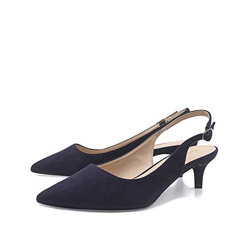 GENSHUO Mujeres Slingback Kitten Heel Pumps Suede Elegante Correa Ajustable Stilettos de tacón bajo en Punta Azul Marino 5CM, NB tamaño 42