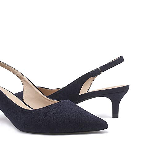 GENSHUO Mujeres Slingback Kitten Heel Pumps Suede Elegante Correa Ajustable Stilettos de tacón bajo en Punta Azul Marino 5CM, NB tamaño 42