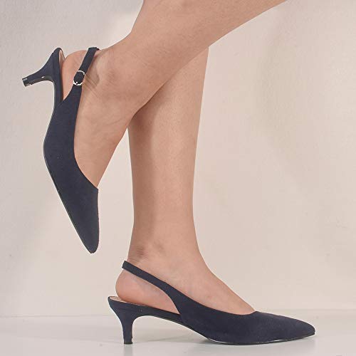 GENSHUO Mujeres Slingback Kitten Heel Pumps Suede Elegante Correa Ajustable Stilettos de tacón bajo en Punta Azul Marino 5CM, NB tamaño 42