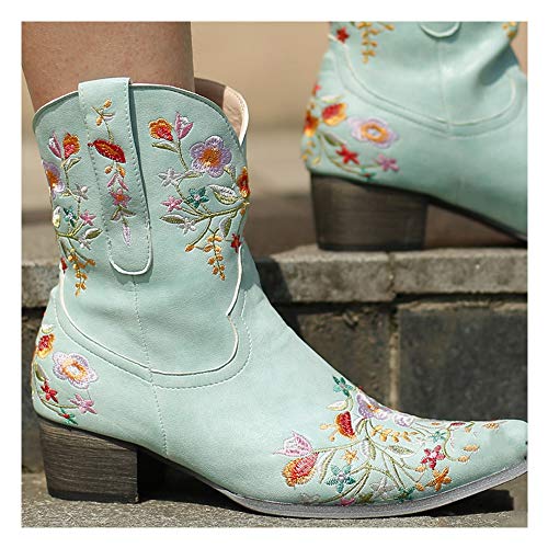 GJHYJK Botas Martin De Estilo Étnico con Punta Redonda para Mujer Botas Bajas con Flores Bordadas para Mujer Botines De Tendencia De Tacón Cuadrado Talla Grande,Green-35