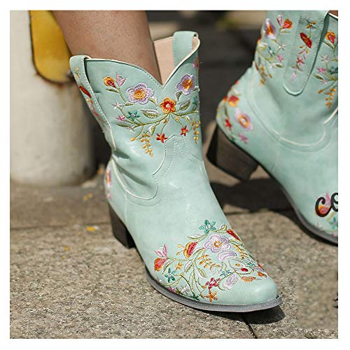 GJHYJK Botas Martin De Estilo Étnico con Punta Redonda para Mujer Botas Bajas con Flores Bordadas para Mujer Botines De Tendencia De Tacón Cuadrado Talla Grande,Green-35