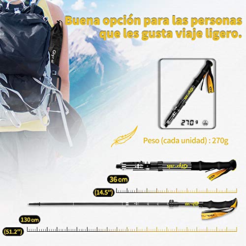 Glymnis Bastones de Senderismo Bastones Trekking Plegables 2pcs 36cm~130cm de Aleación de Aluminio 7075 y EVA para Senderismo Alpinismo Trail Viaje