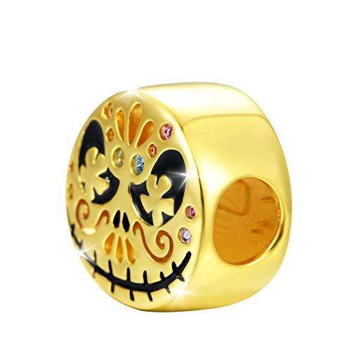 GNOCE Jack Skull Halloween Charms Bead Plata De Ley 18K Chapado En Oro Suger Skull Sugar Skull Charm Beads Fit Pulsera/Collar Para Mujeres Niñas