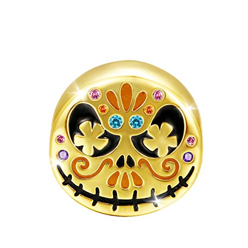 GNOCE Jack Skull Halloween Charms Bead Plata De Ley 18K Chapado En Oro Suger Skull Sugar Skull Charm Beads Fit Pulsera/Collar Para Mujeres Niñas