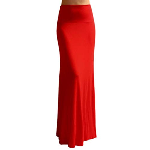 Goneryisour Falda Larga de Cintura Alta para Mujer, Falda de Cola de pez, Color sólido, Plisado, para Cadera, Noche, Playa, Fiesta, Vestido de lápiz Rojo Rosso 48