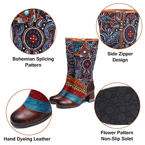 gracosy Botas de Cuero Mujer Otoño e Invierno 2019 Tacon Alto Estilo Bohemio Corte Retro Hecho a Mano Botas de Nieve Patrón de Flores Zapatos Calientes En el Medio Colorido