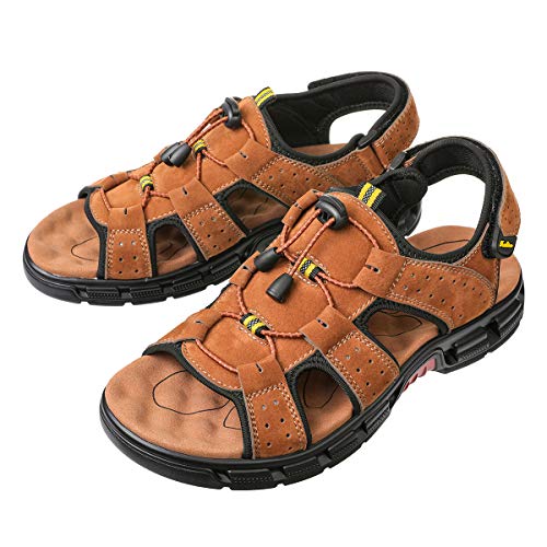 gracosy Sandalias Cuero Deportivas para Hombre Verano Exterior con Punta Abierta Sandalias de Playa Zapatillas de Montaña Senderismo, Amarillo Marron, 40 EU