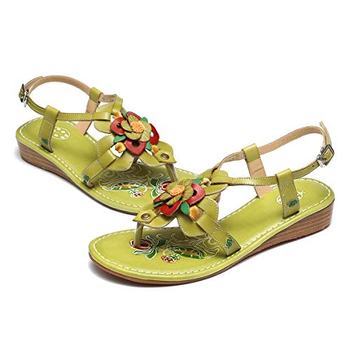 gracosy Sandalias Cuero Verano Mujer Estilo Bohemia Chanclas Zapatos para Mujer de Dedo Sandalias Talla Grande 37-42 Azul Verde Flores Romanas de Hecho a Mano Los Tacones Bajos Zapatos