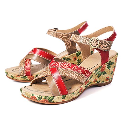 gracosy Sandalias Cuero Verano Mujer Estilo Bohemia Zapatos de Tacón Medio para Mujer de Dedo Cuña Sandalias Talla Grande Chanclas Romanas de Mujer Gris Rojo Azul Hecho a Mano Los Zapatos 2019