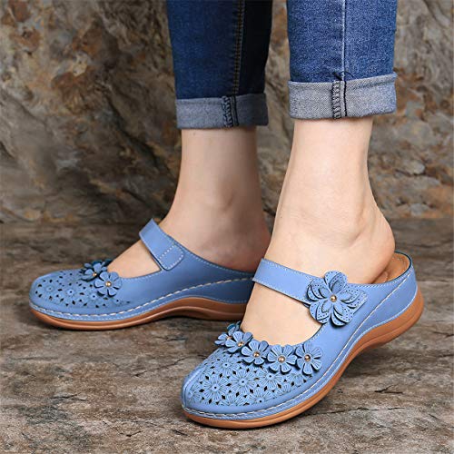 gracosy Zuecos para Mujer Cuero PU Verano Loafer Tacón Bajo Mules Zapatillas de Playa Planos Zapatos Antideslizantes Sandalias Mary Jane Zapatilla