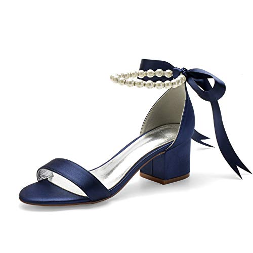 Gycdwjh Sexy Zapatos Nupciales, Decorado con Lazo Zapatos De Boda Novia Satén Cómodo Tacón Medio Zapatos de Novia Tacón 5,5 cm para Banquetes y Fiestas,Dark Blue,39 EU