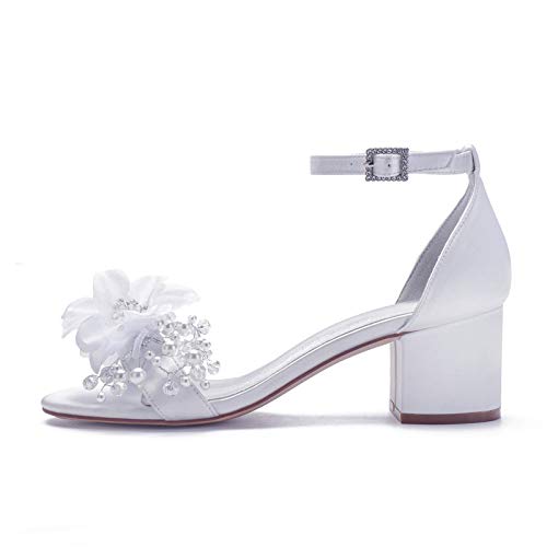 Gycdwjh Zapatos de Boda para Mujer, Formales de Fiesta de Graduación Punta Abierta Sandalias Sexy Satín Zapatos de Novia Tacón 5,5 cm para Banquetes y Fiestas,Blanco,36 EU