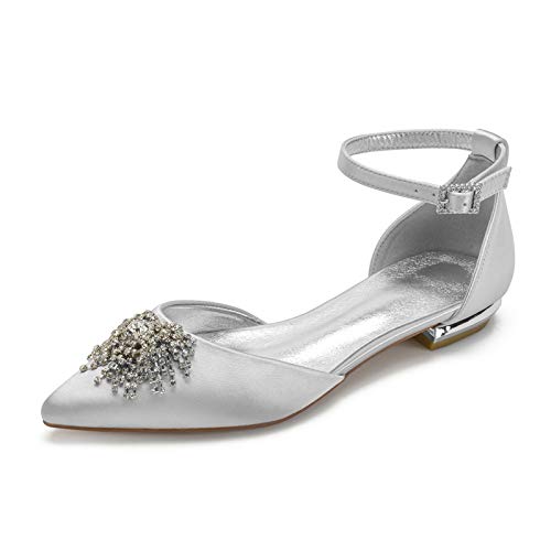 Gycdwjh Zapatos de Novia de Satén, Tacón Bajo Asakuchi Sandalias Verano Satén Cómodo Zapatos de Novia Altura del Tacón 2cm para Fiestas y Bodas,Plata,43 EU