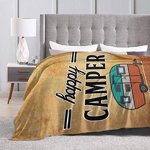 Happy Camper Camping Micro Fleece Flannel Throw Blankets Lightweight Super Plush Bed Blanket Fit Sofa Suitable for All Season