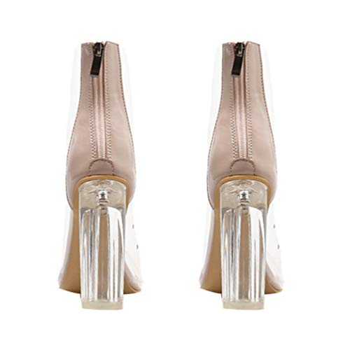 Happyyami Botas de Tacones Altos Gruesos Botines Transparentes Tacones de Metacrilato para Mujer Sandalias de Cristal de Punta Puntiaguda con Cremallera