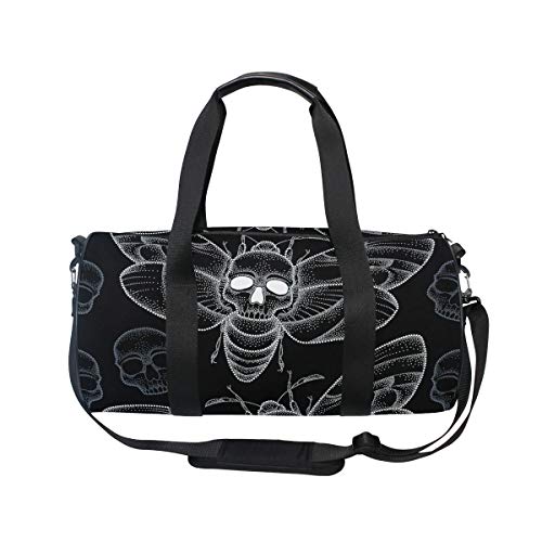 HARXISE Bolsa de Viaje，Muerte punteada ”con Cabeza de Polilla de halcón o Acherontia Atropos en Blanco y Calaveras,Bolsa de Deporte con Compartimento para Sports Gym Bag