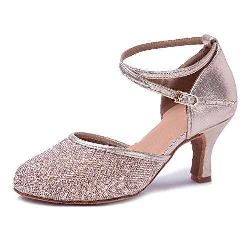 HIPPOSEUS Zapatos de Baile de Cuero sintético Brillo para Mujer con Dedos Cerrados Zapatos de Baile de práctica Zapatos de Baile de Boda estándar, Modelo WX-CL,Dorado Champagne Color,EU 38.5/6 UK