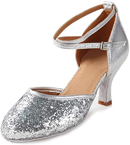 HIPPOSEUS Zapatos de Baile de Lentejuelas de Plata para Mujer con Dedos Cerrados Zapatos de Baile de práctica Zapatos de Baile de Boda estándar, Modelo WX-CL, Plata Color,EU 37/4.5 UK