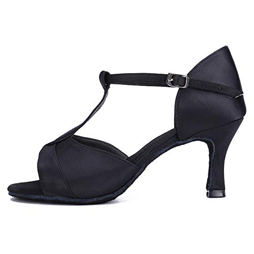 HIPPOSEUS Zapatos de Baile Latino con Correa en T para Mujer Zapatos de práctica de Baile de salón de satén,Negro,36 EU