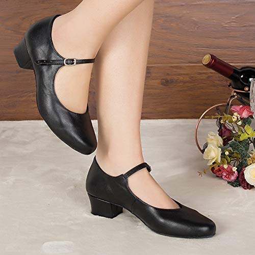 HIPPOSEUS Zapatos de Baile para Mujer Zapatos de Mary Jane de tacón bajo Zapatos de Salsa de salón Latino Zapatos de carácter,Negro,EU 39