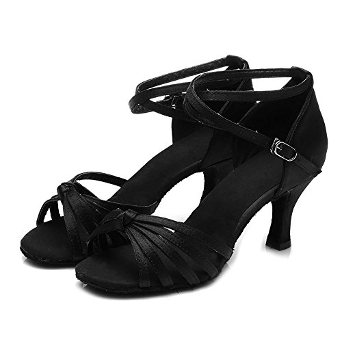 HROYL Mujer Zapatos de Baile Latino/Moderno/Samba/Chacha para Mujer Satin Zapatos de Baile de Salón S7-217 Negro EU 36