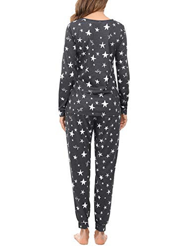 Irevial Pijamas para Mujer,Elegante Pijamas de Estampado de diseño Estrella, Mangas Larga Camiseta y Pantalon Largo 2 Piezas Talla Grande Invierno