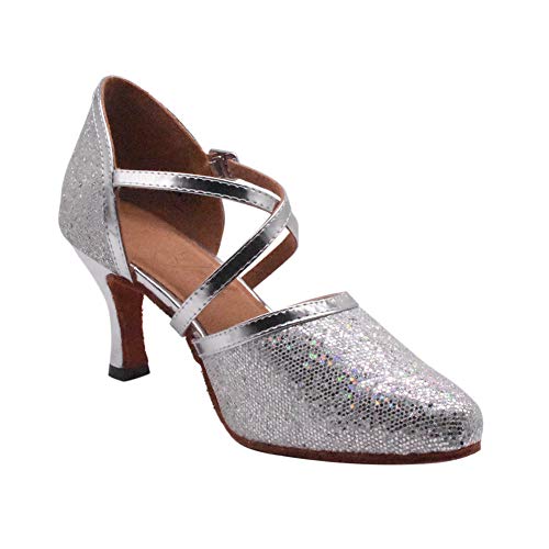 Jerilla Mujer Profesional Zapatos de Baile para Latino Salsa Estándar Comodos Sandalias Plateado