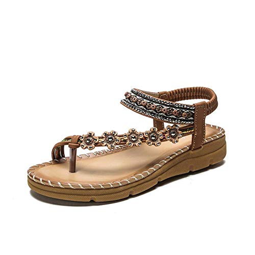 JFFFFWI Sandalias de Verano para Mujer con Punta de Clip Chanclas de Playa Sandalias Planas elásticas Tacón de cuña Zapatos Estilo Bohemia Hechos a Mano Sandalias Planas de Gladiador con Tiras, Marr