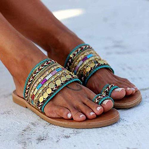 JFFFFWI Sandalias para Mujer Zapatillas Planas Estilo Bohemia para Mujer Verano Estilo étnico Chanclas Sandalias con Punta Abierta al Aire Libre Moda Cómodas Sandalias Planas con Punta de Clip Zapat