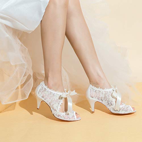 JIA JIA Zapatos de Novia de Las Mujeres 5949419 Peep Toe Cono Talón Encaje Satinado Bombas Corbata Zapatos de Boda Color Marfil,Tamaño 40