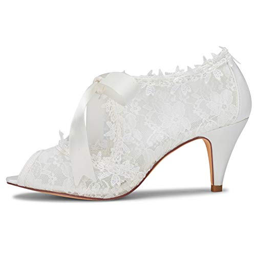 JIA JIA Zapatos de Novia de Las Mujeres 5949419 Peep Toe Cono Talón Encaje Satinado Bombas Corbata Zapatos de Boda Color Marfil,Tamaño 40