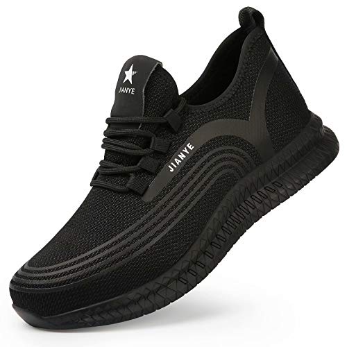 JIANYE - Zapatillas de trabajo S3 para hombre y mujer, con puntera de acero, unisex, transpirables, ligeras, color Negro, talla 41 EU