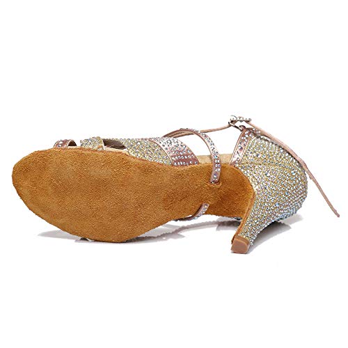 JUODVMP Mujer estándar Zapatos de Baile Latinos Satén Strass Ballroom,Rosa-8.5cm-38.5EU