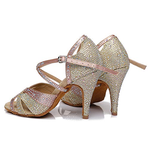 JUODVMP Mujer estándar Zapatos de Baile Latinos Satén Strass Ballroom,Rosa-8.5cm-38.5EU