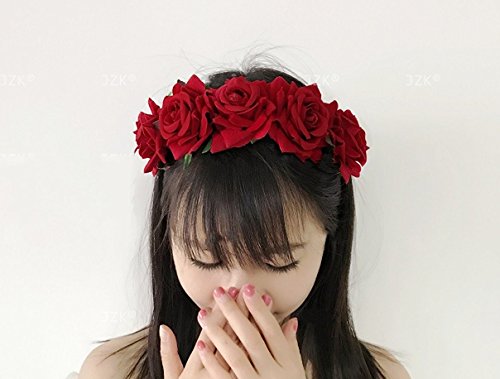 JZK® Rojo Corona Flores Diadema Tiara Guirnalda Flores Pelo Cabeza Hairband Guirnalda Headpiece para Boda Novia Dama Honor Flores Chica Prom cumpleaño Fiesta Party Viaje fotografía