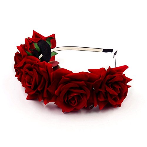 JZK® Rojo Corona Flores Diadema Tiara Guirnalda Flores Pelo Cabeza Hairband Guirnalda Headpiece para Boda Novia Dama Honor Flores Chica Prom cumpleaño Fiesta Party Viaje fotografía