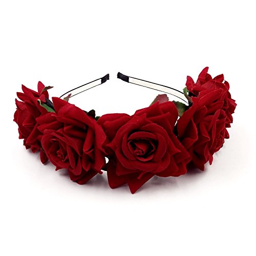 JZK® Rojo Corona Flores Diadema Tiara Guirnalda Flores Pelo Cabeza Hairband Guirnalda Headpiece para Boda Novia Dama Honor Flores Chica Prom cumpleaño Fiesta Party Viaje fotografía