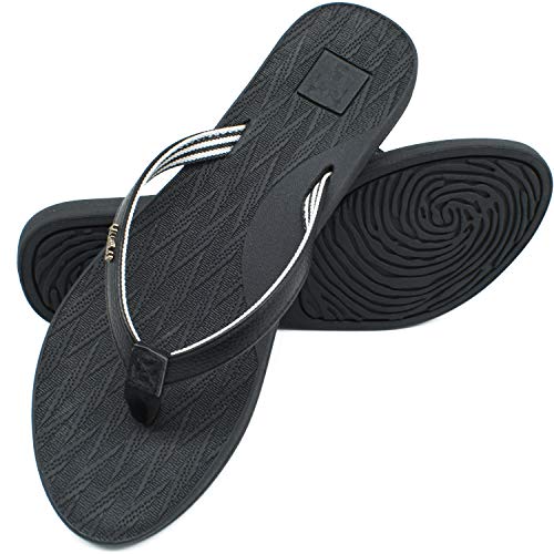 KuaiLu Chanclas Mujer Comodas Piel Verano Playa Piscina Ultraligera Sandalias de Dedo Planas Moda Caminar Antideslizante Yoga-Espuma Zapatillas Negro 36