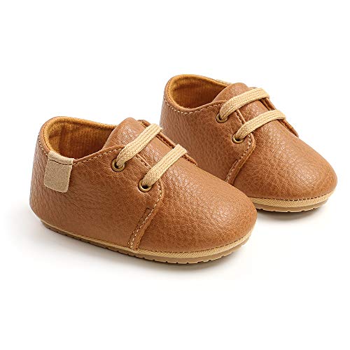 LACOFIA Zapatos Oxford con Cordones para Bebé Niños Zapatillas Primeros Pasos Antideslizantes para Bebés Marrón 6-12 Meses