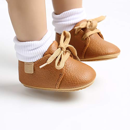 LACOFIA Zapatos Oxford con Cordones para Bebé Niños Zapatillas Primeros Pasos Antideslizantes para Bebés Marrón 6-12 Meses