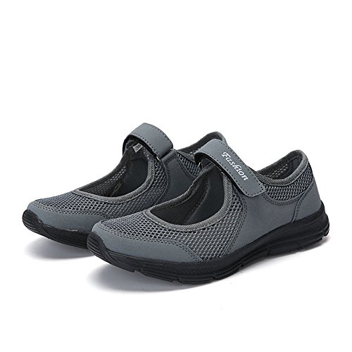 LANSKIRT Zapatillas Running de Mujer Sin Cordones Zapatos de Verano 2019 Velcro Moda Sandalias de Antideslizantes Zapatillas Deportivas para Correr Calzado Comodo Transpirables (Gris Oscuro, 37 EU)