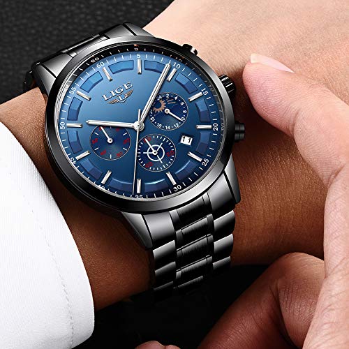 LIGE Reloj para Hombre Acero Inoxidable Impermeable Multifunción Analógico Cuarzo Cronógrafo Deportivo Calendario Reloj Casual para Hombre (Blue Silver)