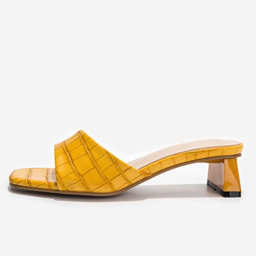 LIURUIJIA - Sandalias de tacón medio de bloque de las mulas de moda con patrón de serpiente de deslizamiento en diapositivas LX67042, color Amarillo, talla 40 EU