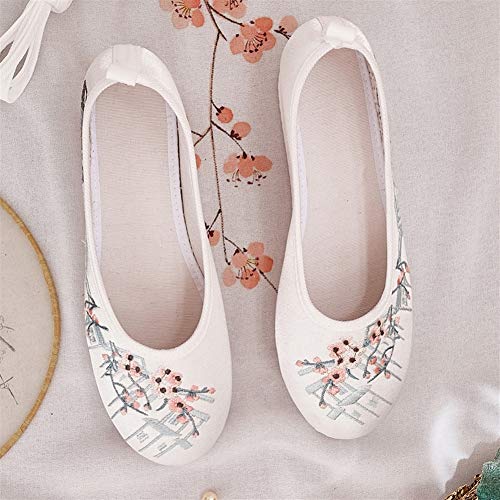 Liveinu Zapatos de Mujer con Cuña Cordón Sandalias Bordados Retro Mary Janes Lona Zapatos Comodos Fiesta Baile Qipao Zapatos de Tela Bordados de Flores Zapatillas de casa 35 EU Blanco