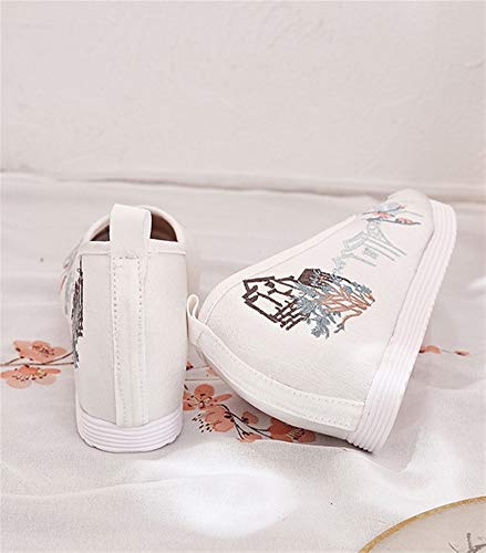 Liveinu Zapatos de Mujer con Cuña Cordón Sandalias Bordados Retro Mary Janes Lona Zapatos Comodos Fiesta Baile Qipao Zapatos de Tela Bordados de Flores Zapatillas de casa 35 EU Blanco