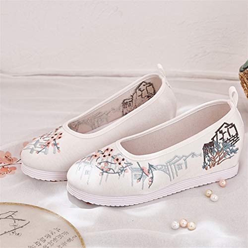 Liveinu Zapatos de Mujer con Cuña Cordón Sandalias Bordados Retro Mary Janes Lona Zapatos Comodos Fiesta Baile Qipao Zapatos de Tela Bordados de Flores Zapatillas de casa 35 EU Blanco