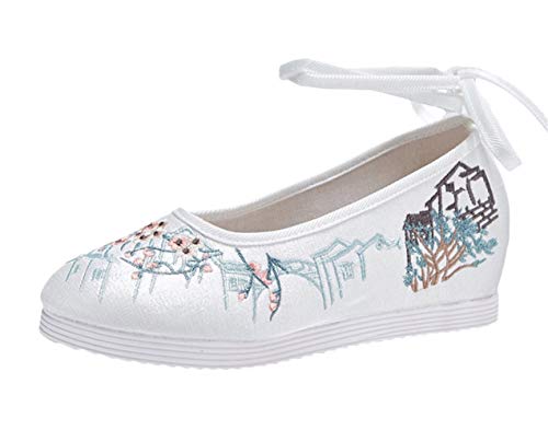 Liveinu Zapatos de Mujer con Cuña Cordón Sandalias Bordados Retro Mary Janes Lona Zapatos Comodos Fiesta Baile Qipao Zapatos de Tela Bordados de Flores Zapatillas de casa 35 EU Blanco