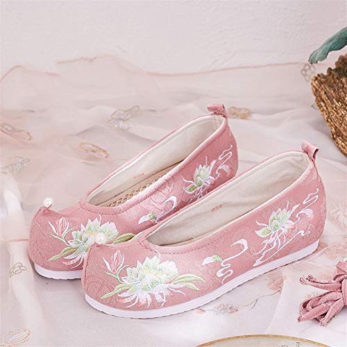 Liveinu Zapatos de Mujer con Cuña Cordón Sandalias Bordados Retro Mary Janes Lona Zapatos Comodos Fiesta Baile Qipao Zapatos de Tela Bordados de Flores Zapatillas de casa 39 EU Rosa